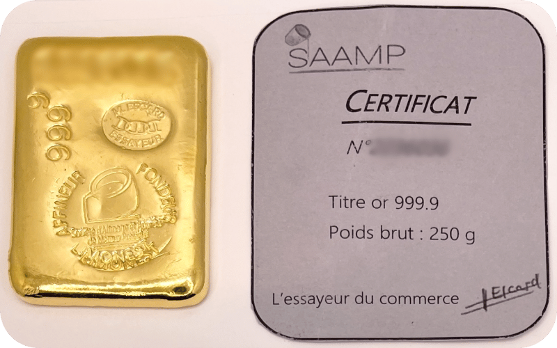 Lingot d'Or 250g avec certificat